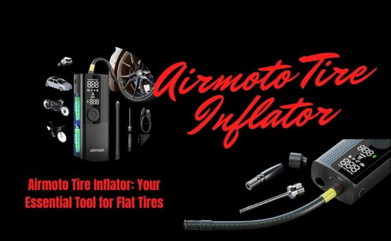 Airmoto tire inflator displayed on a white background, showcasing its compact design and user-friendly interface.